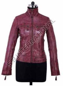 Maroon Belted Women Leather Coat