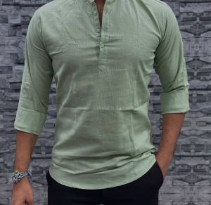 Light Green Cotton Plain Men Short Kurta