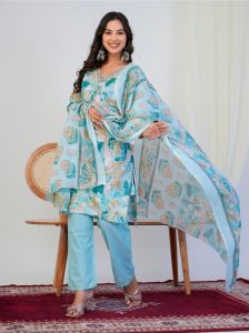 Aqua Blue Abstract Print With Handwork 3 Piece Suit Set