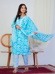 Aqua Blue Floral Print 3 Piece Suit Set