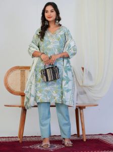 Aqua Leaf Print With Handwork 3 Piece Suit Set