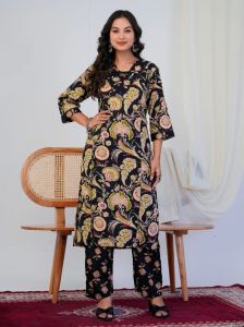 Black Floral Print With Handwork Co-Ord Set