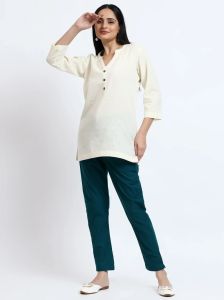 Ecru Bottle Green Linen Cotton Short Kurti Pant Set