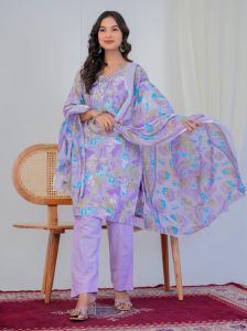Lavender Abstract Print With Handwork 3 Piece Suit Set
