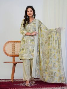 Light Green Abstract Print With Handwork 3 Piece Suit Set