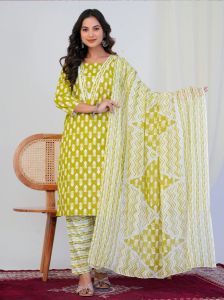 Lime Green Block Print 3 Piece Suit Set