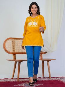 Mustard Yellow Elephant Embroidered Ladies Short Kurti
