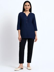 Navy Blue Black Linen Cotton Short Kurti Pant Set