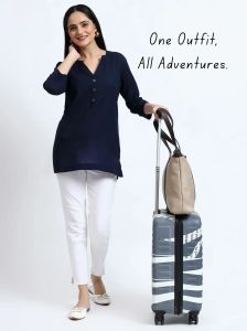 Navy Blue Linen Cotton Ladies Short Kurti