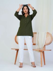 Olive Green Linen Cotton Ladies Short Kurti