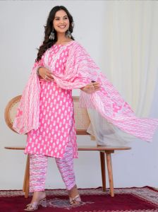 Pink Block Print 3 Piece Suit Set