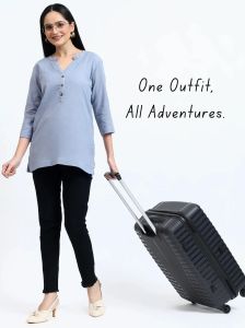 Steel Blue Linen Cotton Ladies Short Kurti