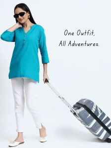 Turquoise Blue White Linen Cotton Short Kurti Pant Set