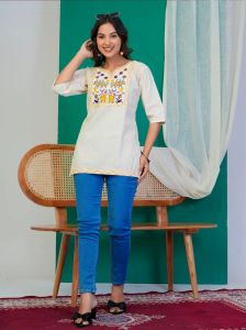 White Tiger Motif Embroidered Ladies Short Kurti