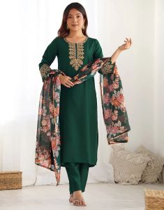 Women Embroidery Straight Dark Green 3 Piece Suit Set