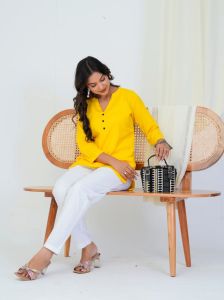 Yellow Linen Cotton Ladies Short Kurti