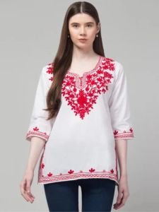 Cotton White Embroidered Short Kurti