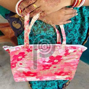 Loop Handle Red Cotton Printed Handbag