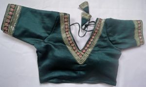 Green V Neck Readymade Blouse