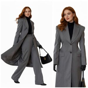 Ladies Grey Cotton Long Coat and Pant Set