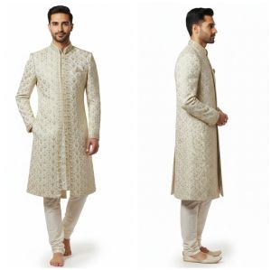 Mens White Embroidered Silk Sherwani