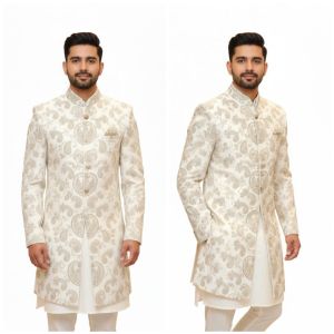 Mens White Silk Wedding Sherwani