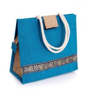 Blue Ethnic Border Jute Handbag