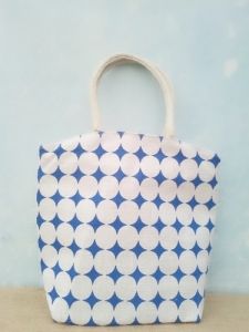 Blue Polka Print Jute Tote Bag