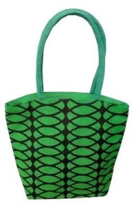 Green Geometric Print Jute Tote