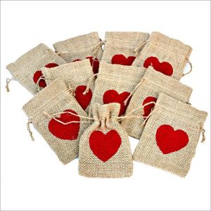 Heart Print Jute Drawstring Gift Pouches