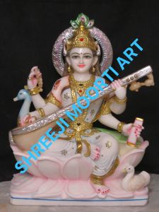 Painted Marble Maa Saraswati Statue