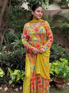 Ladies Multicolor Floral Dupatta Anarkali Suit