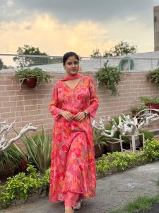 Ladies Pink Floral Flare Anarkali Suit