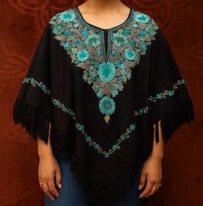 Ladies Turquoise Floral Woolen Embroidery Poncho