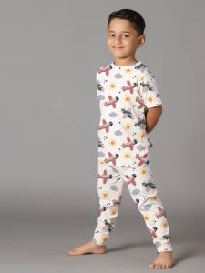 Kids White Airplane Print Cotton Pajama Set