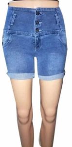 Ladies Blue Triple Button Denim Shorts