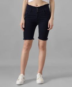 Ladies Dark Blue High Waist Denim Shorts