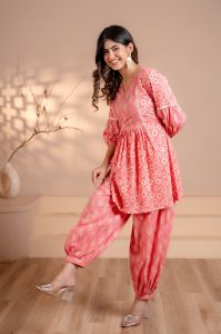 Ladies Pink Gold Print Peplum Co-Ord Set