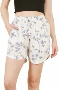 Ladies White Floral Print Drawstring Shorts