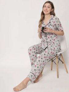 Ladies White Printed Floral Striped Pyjama Set
