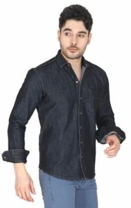 Mens Black Denim Look Button-Up Shirt