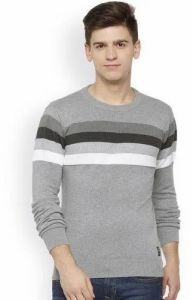 Mens Grey Crew-Neck Striped Sweater