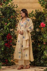 Camel Beige Viscose Chanderi Embroidered Ladies Kurta Set