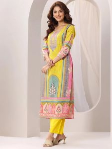Yellow French Crepe Printed Ladies Kurta Set
