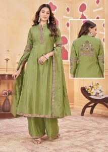 Green Roman Silk Embroidered A Line Ladies Suit Set