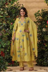 Mustard Yellow Viscose Chanderi Embroidered Ladies Kurta Set