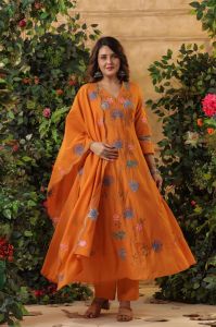 Rust Orange Viscose Chanderi Embroidered Ladies Kurta Set