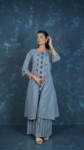 Dusty Blue A Line Printed Ladies Kurta Set