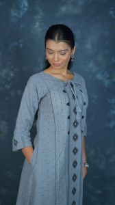 Dusty Blue A Line Printed Ladies Kurta Set
