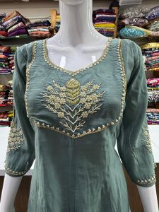 Mal Chanderi Fabric Grey Ladies Kurta Suit Set